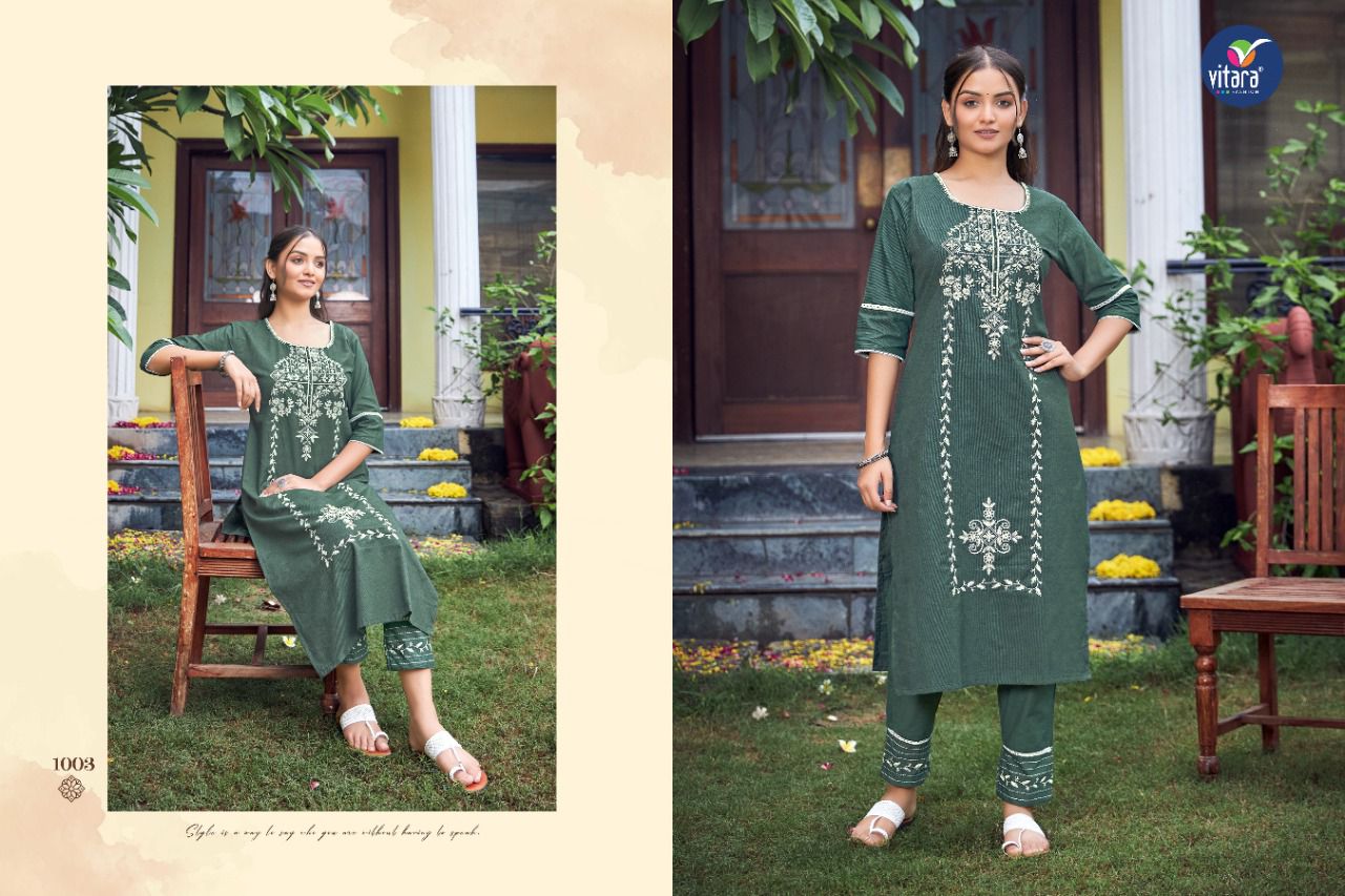 Vitara Signature New Fancy Wear Cotton Embroidery Kurti With Pant Collection